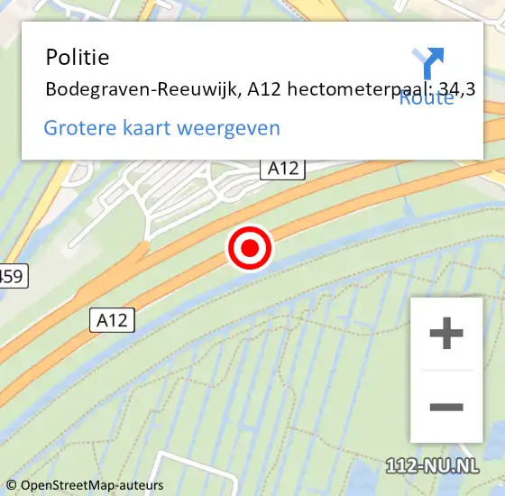 Locatie op kaart van de 112 melding: Politie Bodegraven-Reeuwijk, A12 hectometerpaal: 34,3 op 5 februari 2023 08:23