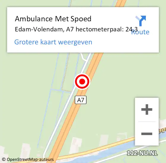 Locatie op kaart van de 112 melding: Ambulance Met Spoed Naar Edam-Volendam, A7 hectometerpaal: 24,3 op 5 februari 2023 15:02