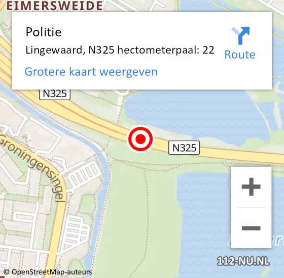 Locatie op kaart van de 112 melding: Politie Lingewaard, N325 hectometerpaal: 22 op 5 februari 2023 19:11