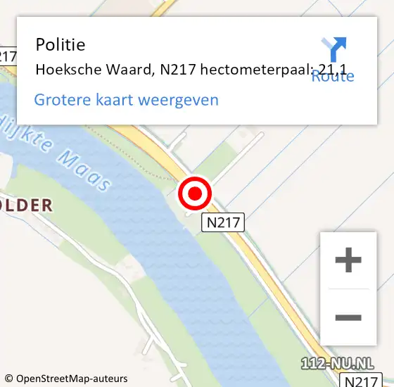 Locatie op kaart van de 112 melding: Politie Hoeksche Waard, N217 hectometerpaal: 21,1 op 5 februari 2023 21:51