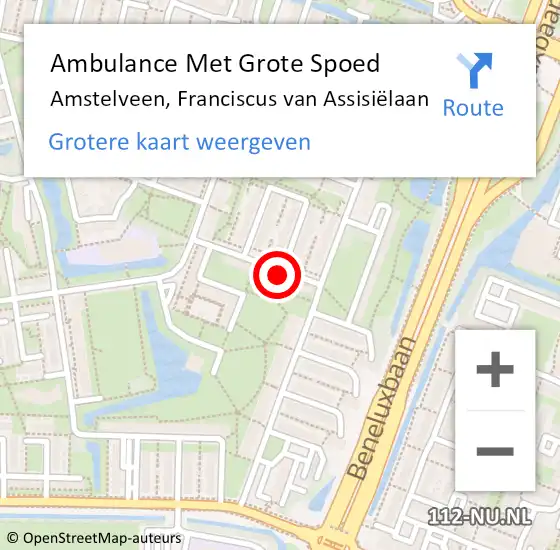 Locatie op kaart van de 112 melding: Ambulance Met Grote Spoed Naar Amstelveen, Franciscus van Assisiëlaan op 6 februari 2023 01:55