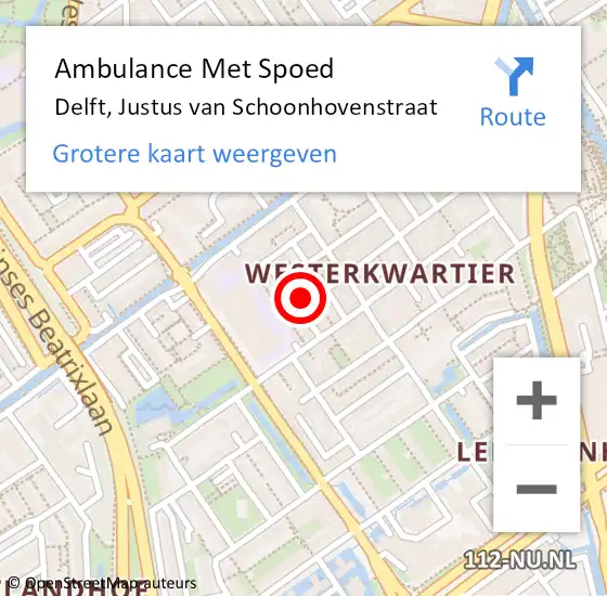 Locatie op kaart van de 112 melding: Ambulance Met Spoed Naar Delft, Justus van Schoonhovenstraat op 6 februari 2023 04:36