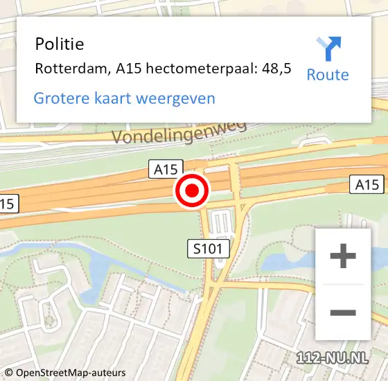 Locatie op kaart van de 112 melding: Politie Rotterdam, A15 hectometerpaal: 48,5 op 6 februari 2023 07:09