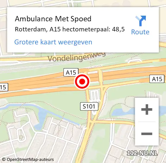 Locatie op kaart van de 112 melding: Ambulance Met Spoed Naar Rotterdam, A15 hectometerpaal: 48,5 op 6 februari 2023 07:09