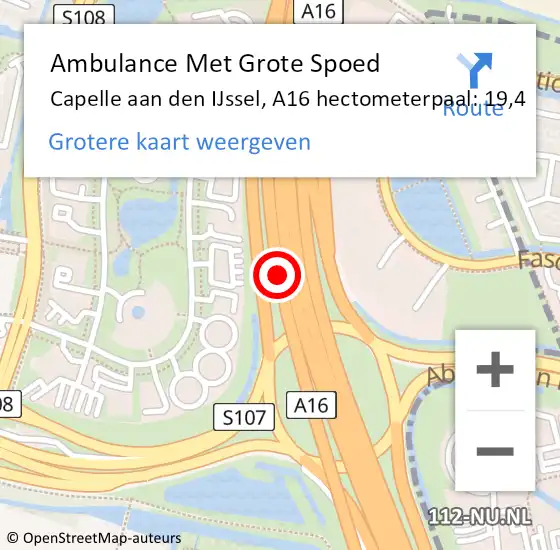Locatie op kaart van de 112 melding: Ambulance Met Grote Spoed Naar Capelle aan den IJssel, A16 hectometerpaal: 19,4 op 6 februari 2023 08:22