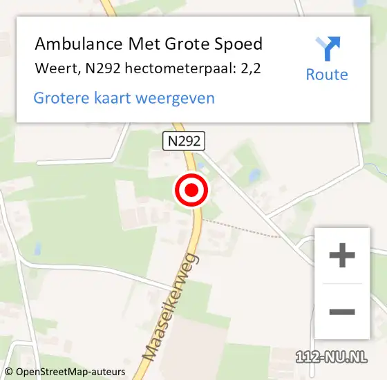 Locatie op kaart van de 112 melding: Ambulance Met Grote Spoed Naar Weert, N292 hectometerpaal: 2,2 op 6 februari 2023 09:06