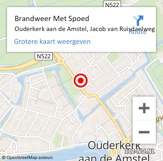Locatie op kaart van de 112 melding: Brandweer Met Spoed Naar Ouderkerk aan de Amstel, Jacob van Ruisdaelweg op 6 februari 2023 10:41