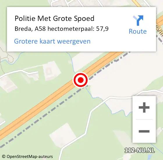 Locatie op kaart van de 112 melding: Politie Met Grote Spoed Naar Breda, A58 hectometerpaal: 57,9 op 6 februari 2023 14:30