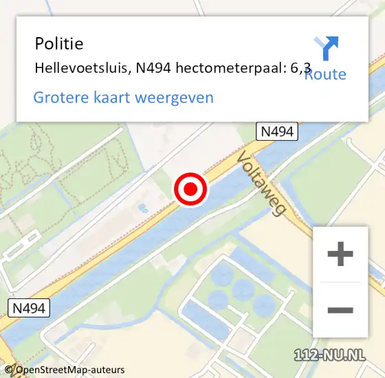 Locatie op kaart van de 112 melding: Politie Hellevoetsluis, N494 hectometerpaal: 6,3 op 6 februari 2023 14:35