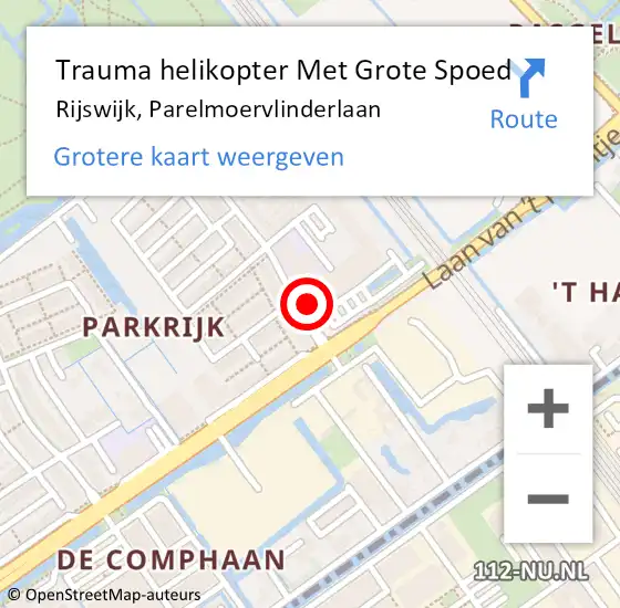 Locatie op kaart van de 112 melding: Trauma helikopter Met Grote Spoed Naar Rijswijk, Parelmoervlinderlaan op 6 februari 2023 15:58
