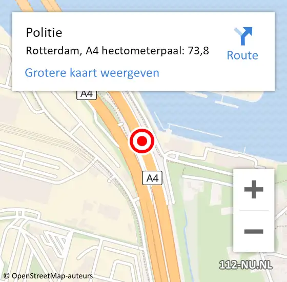 Locatie op kaart van de 112 melding: Politie Rotterdam, A4 hectometerpaal: 73,8 op 6 februari 2023 15:58