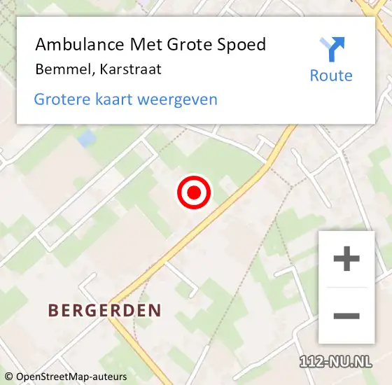Locatie op kaart van de 112 melding: Ambulance Met Grote Spoed Naar Bemmel, Karstraat op 6 februari 2023 15:59