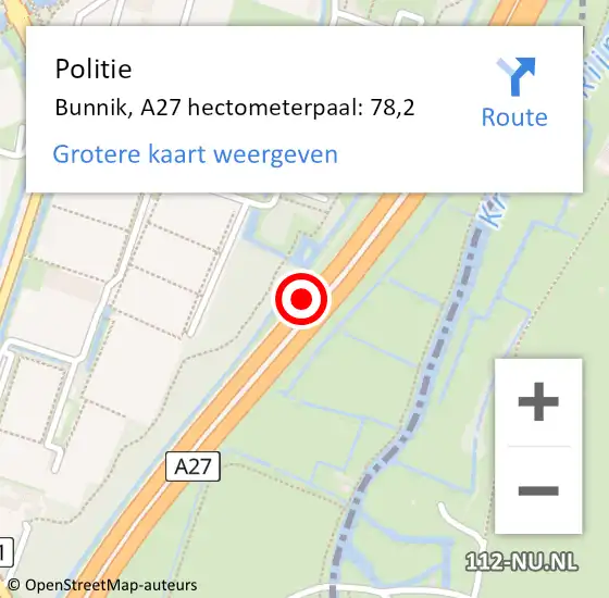 Locatie op kaart van de 112 melding: Politie Bunnik, A27 hectometerpaal: 78,2 op 6 februari 2023 16:12