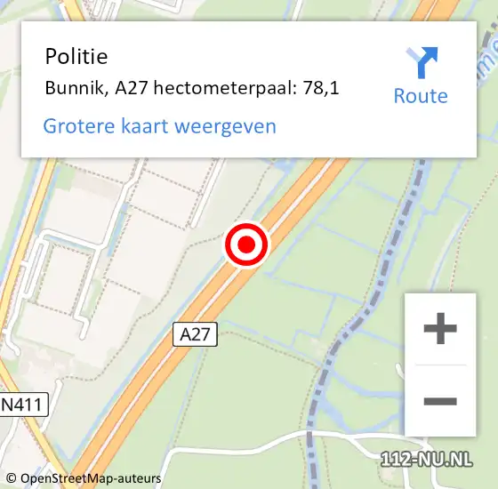 Locatie op kaart van de 112 melding: Politie Bunnik, A27 hectometerpaal: 78,1 op 6 februari 2023 16:13