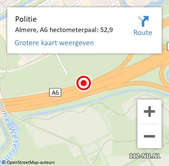 Locatie op kaart van de 112 melding: Politie Almere, A6 hectometerpaal: 52,9 op 6 februari 2023 16:25