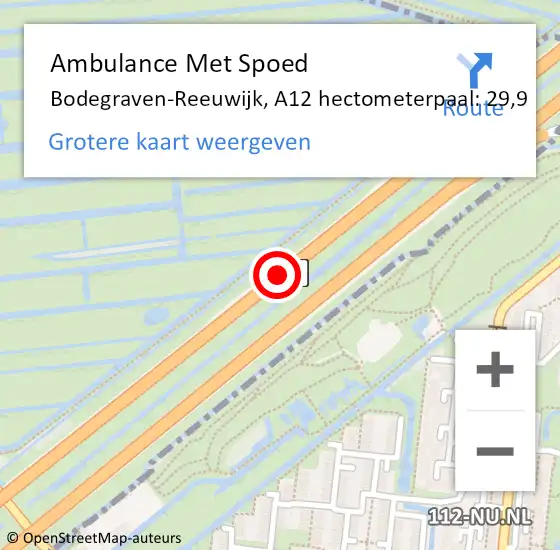 Locatie op kaart van de 112 melding: Ambulance Met Spoed Naar Bodegraven-Reeuwijk, A12 hectometerpaal: 29,9 op 6 februari 2023 16:32