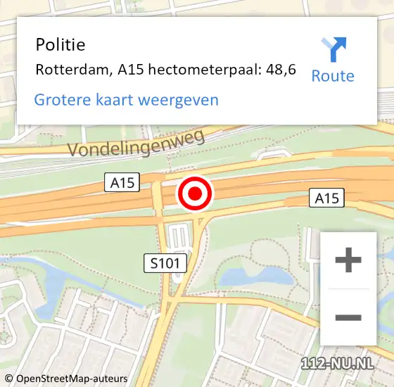 Locatie op kaart van de 112 melding: Politie Rotterdam, A15 hectometerpaal: 48,6 op 6 februari 2023 16:44