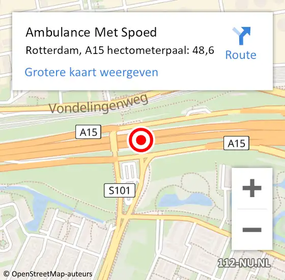 Locatie op kaart van de 112 melding: Ambulance Met Spoed Naar Rotterdam, A15 hectometerpaal: 48,6 op 6 februari 2023 16:47