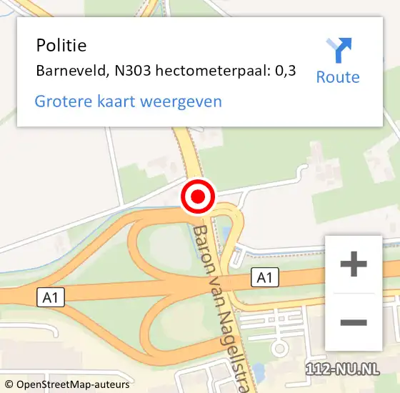 Locatie op kaart van de 112 melding: Politie Barneveld, N303 hectometerpaal: 0,3 op 7 februari 2023 06:56