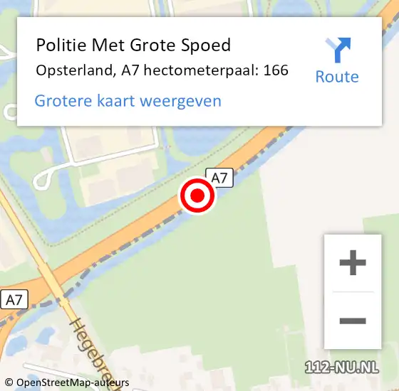 Locatie op kaart van de 112 melding: Politie Met Grote Spoed Naar Opsterland, A7 hectometerpaal: 166 op 7 februari 2023 07:12