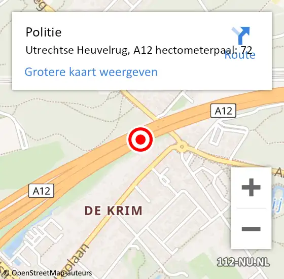 Locatie op kaart van de 112 melding: Politie Utrechtse Heuvelrug, A12 hectometerpaal: 72 op 7 februari 2023 07:14