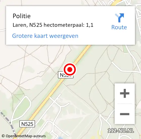 Locatie op kaart van de 112 melding: Politie Laren, N525 hectometerpaal: 1,1 op 7 februari 2023 07:17