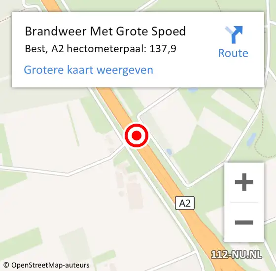 Locatie op kaart van de 112 melding: Brandweer Met Grote Spoed Naar Best, A2 hectometerpaal: 137,9 op 7 februari 2023 08:03