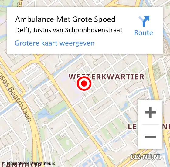 Locatie op kaart van de 112 melding: Ambulance Met Grote Spoed Naar Delft, Justus van Schoonhovenstraat op 7 februari 2023 08:14