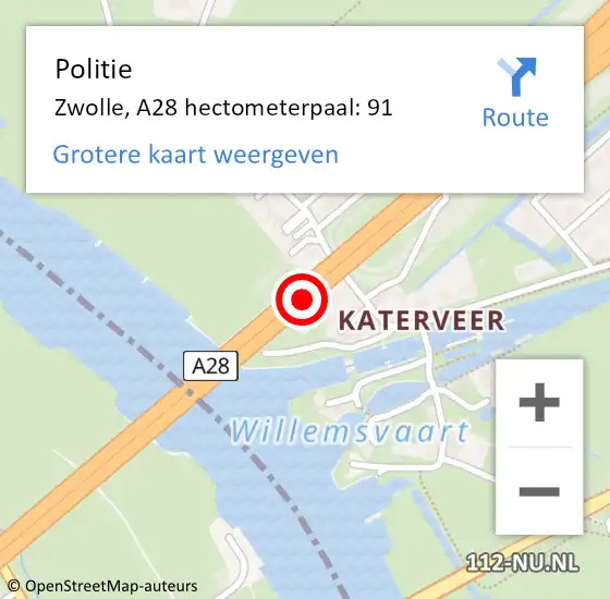 Locatie op kaart van de 112 melding: Politie Hattem, A28 hectometerpaal: 91 op 7 februari 2023 09:33