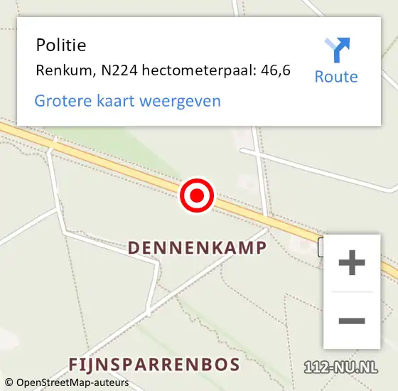 Locatie op kaart van de 112 melding: Politie Renkum, N224 hectometerpaal: 46,6 op 7 februari 2023 09:35