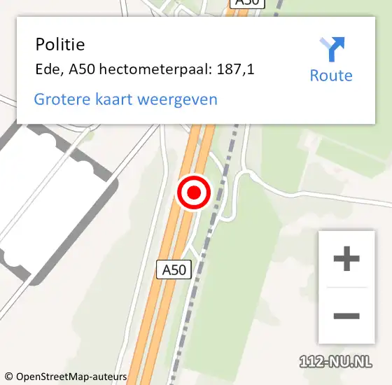 Locatie op kaart van de 112 melding: Politie Ede, A50 hectometerpaal: 187,1 op 7 februari 2023 09:51