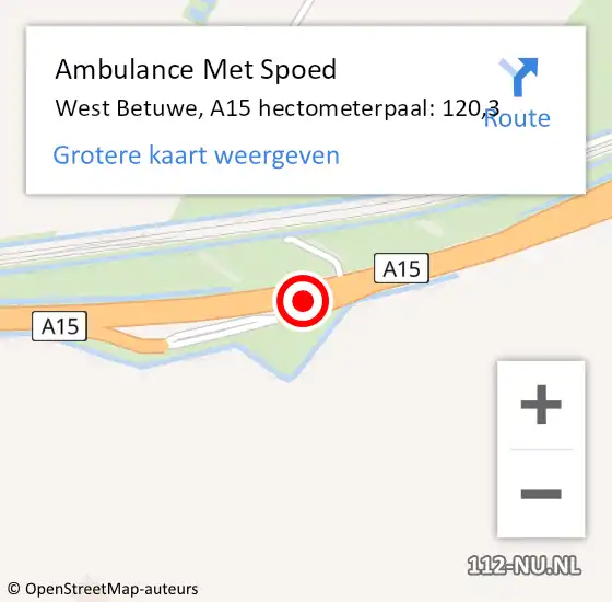 Locatie op kaart van de 112 melding: Ambulance Met Spoed Naar West Betuwe, A15 hectometerpaal: 120,3 op 7 februari 2023 14:14