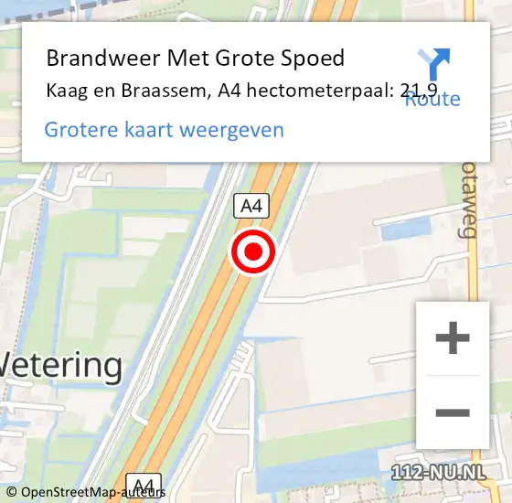 Locatie op kaart van de 112 melding: Brandweer Met Grote Spoed Naar Kaag en Braassem, A4 hectometerpaal: 21,9 op 7 februari 2023 15:05