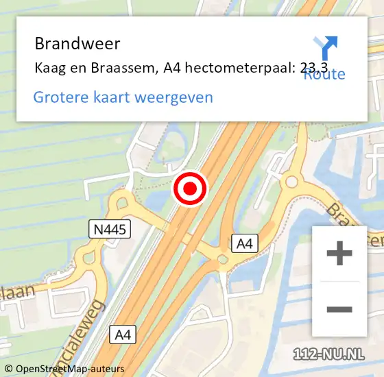 Locatie op kaart van de 112 melding: Brandweer Kaag en Braassem, A4 hectometerpaal: 23,3 op 7 februari 2023 16:30