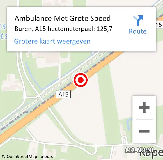 Locatie op kaart van de 112 melding: Ambulance Met Grote Spoed Naar Buren, A15 hectometerpaal: 125,7 op 7 februari 2023 16:34