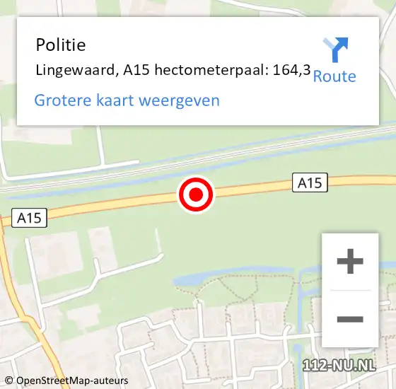 Locatie op kaart van de 112 melding: Politie Lingewaard, A15 hectometerpaal: 164,3 op 7 februari 2023 17:35