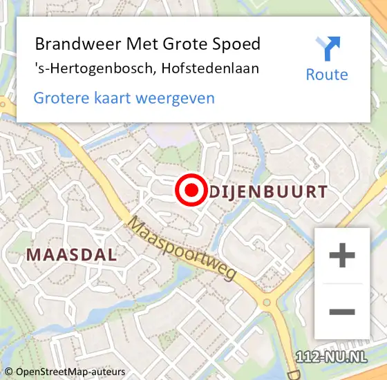 Locatie op kaart van de 112 melding: Brandweer Met Grote Spoed Naar 's-Hertogenbosch, Hofstedenlaan op 7 februari 2023 18:35