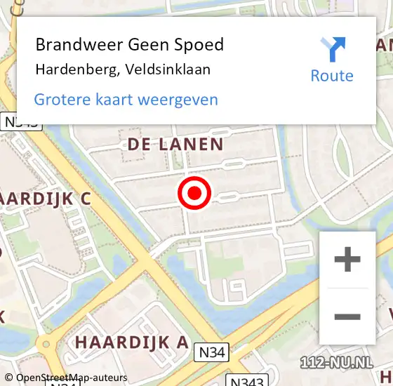 Locatie op kaart van de 112 melding: Brandweer Geen Spoed Naar Hardenberg, Veldsinklaan op 7 februari 2023 19:20