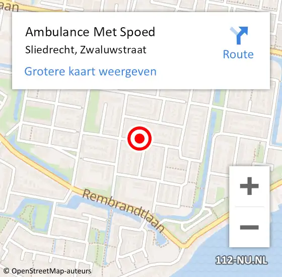 Locatie op kaart van de 112 melding: Ambulance Met Spoed Naar Sliedrecht, Zwaluwstraat op 7 februari 2023 20:16
