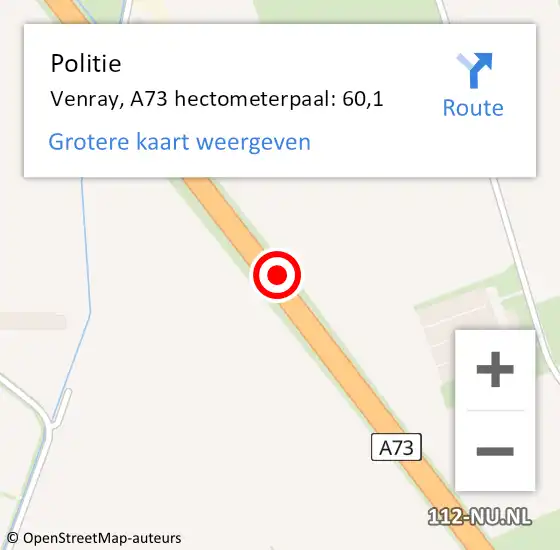 Locatie op kaart van de 112 melding: Politie Venray, A73 hectometerpaal: 60,1 op 8 februari 2023 06:52
