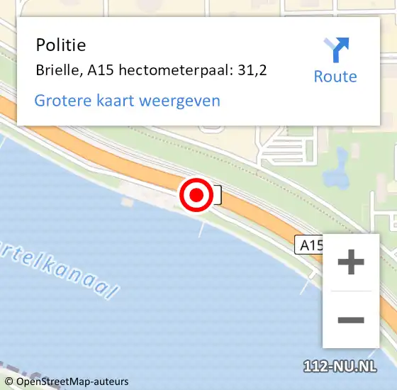 Locatie op kaart van de 112 melding: Politie Brielle, A15 hectometerpaal: 31,2 op 8 februari 2023 09:25