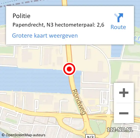 Locatie op kaart van de 112 melding: Politie Papendrecht, N3 hectometerpaal: 2,6 op 8 februari 2023 12:57