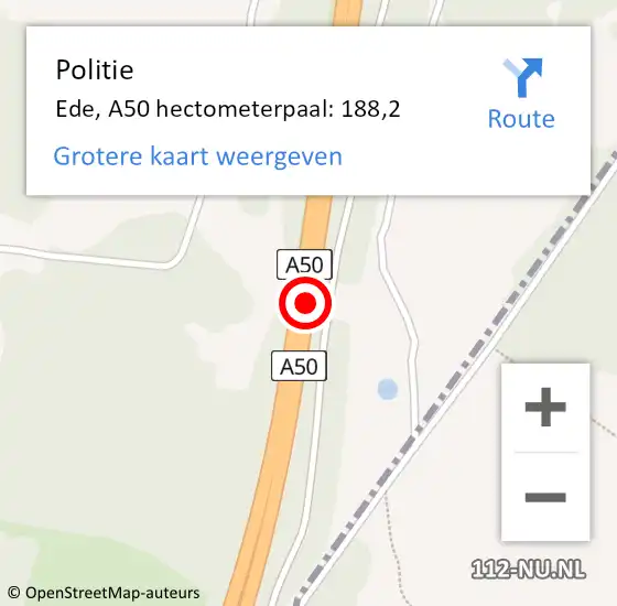 Locatie op kaart van de 112 melding: Politie Ede, A50 hectometerpaal: 188,2 op 8 februari 2023 14:00