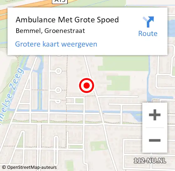 Locatie op kaart van de 112 melding: Ambulance Met Grote Spoed Naar Bemmel, Groenestraat op 8 februari 2023 14:31