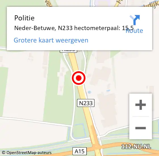 Locatie op kaart van de 112 melding: Politie Neder-Betuwe, N233 hectometerpaal: 15,5 op 8 februari 2023 15:56