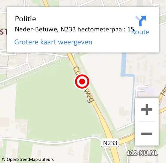 Locatie op kaart van de 112 melding: Politie Neder-Betuwe, N233 hectometerpaal: 15 op 8 februari 2023 15:58