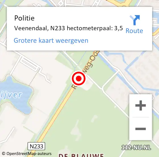 Locatie op kaart van de 112 melding: Politie Veenendaal, N233 hectometerpaal: 3,5 op 8 februari 2023 16:01