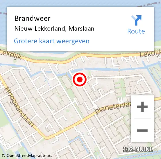 Locatie op kaart van de 112 melding: Brandweer Nieuw-Lekkerland, Marslaan op 8 februari 2023 16:10