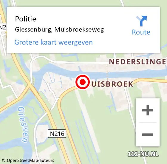 Locatie op kaart van de 112 melding: Politie Giessenburg, Muisbroekseweg op 8 februari 2023 16:50