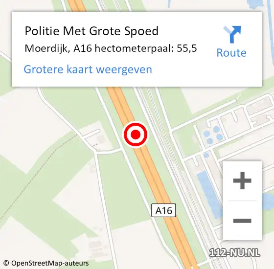 Locatie op kaart van de 112 melding: Politie Met Grote Spoed Naar Moerdijk, A16 hectometerpaal: 55,5 op 8 februari 2023 16:54